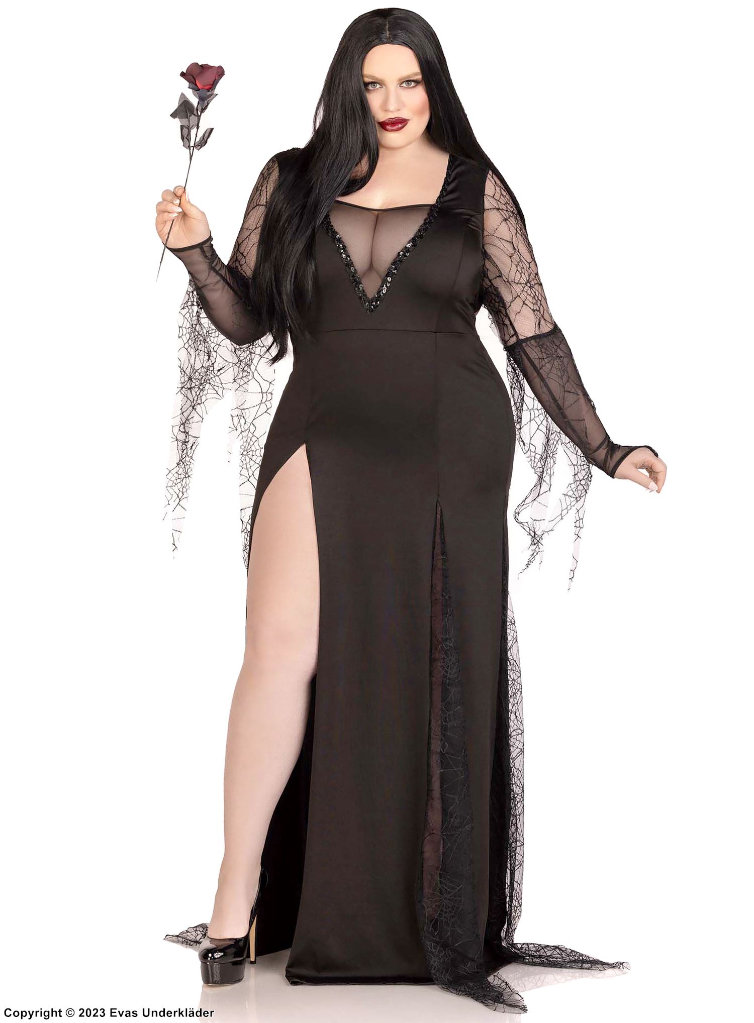 Morticia aus der Addams Family, Kostüm-Kleid, Pailletten, lange Ärmel, hoher Schlitz, Plus Size